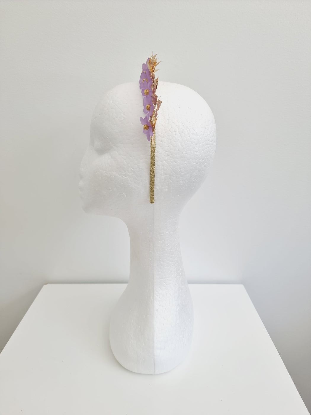 lilac and gold floral headband side view
