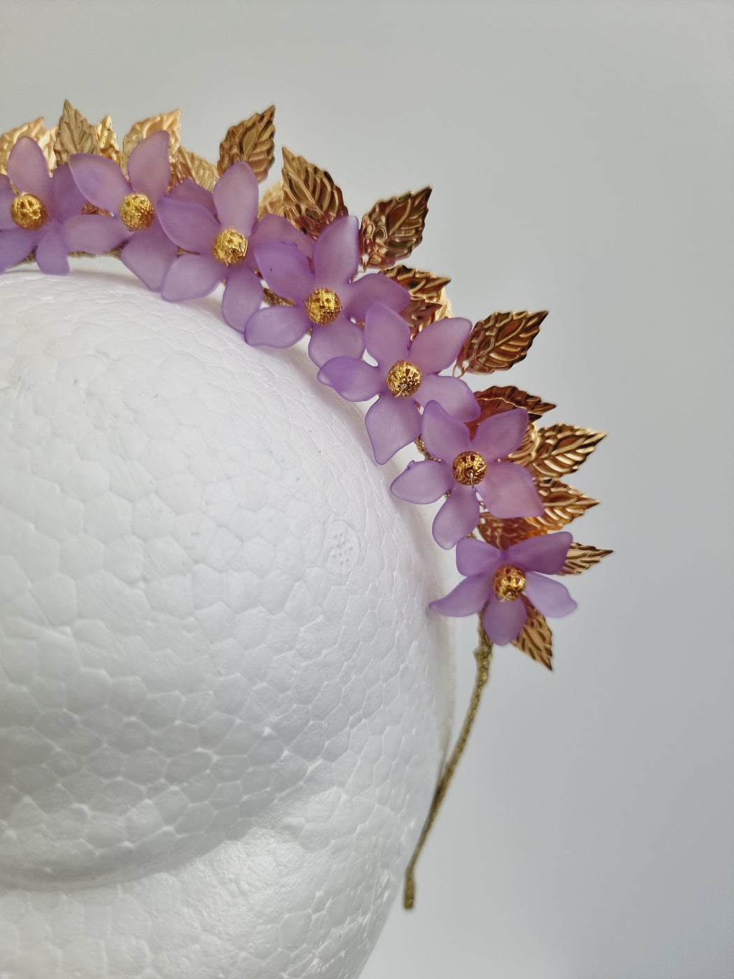 lilac and gold floral headband close up