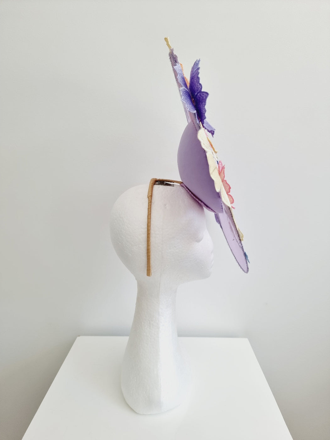 lilac floral lace percher headpiece side view