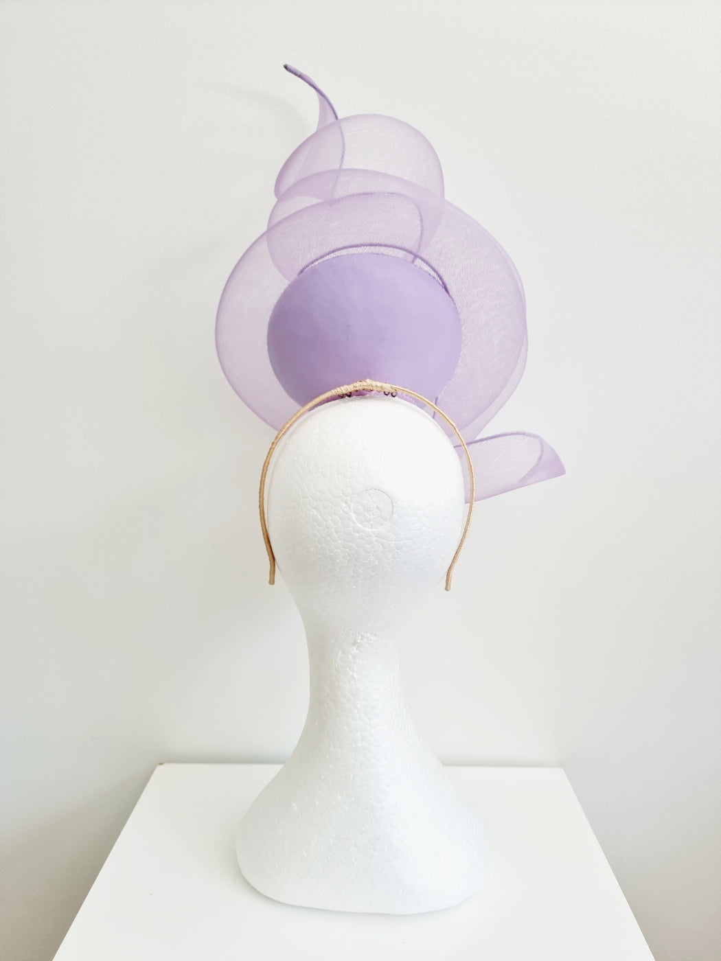 lilac percher headpiece with crinoline swirl back