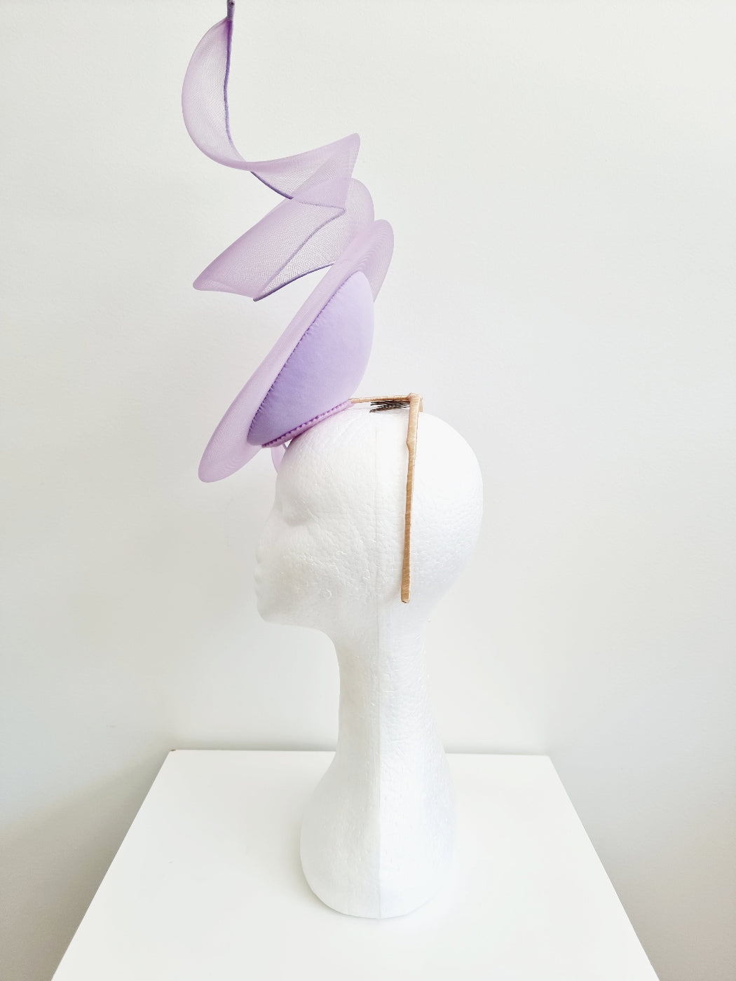 lilac percher headpiece with crinoline swirl side view