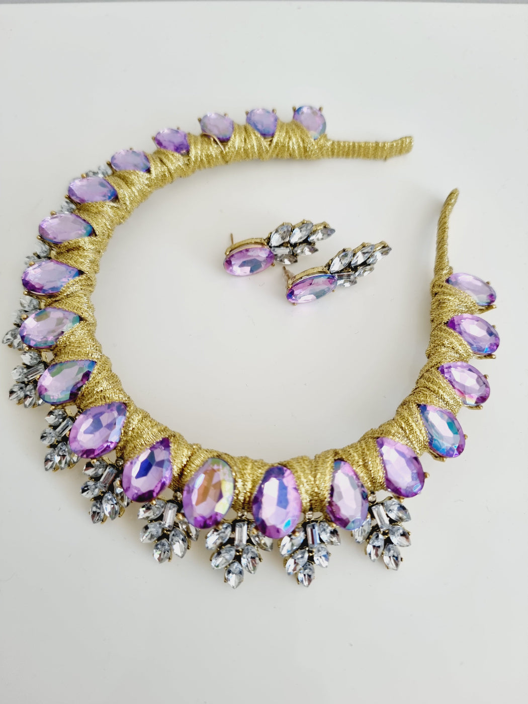 lilac rhinestone headband set flatlay