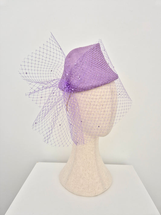 lilac straw slanted headpiece with veiling side view