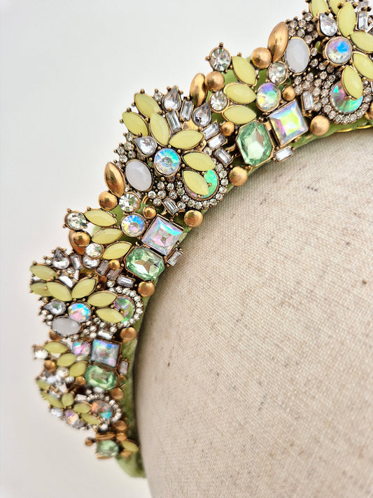 lime green rhinestone headband close up