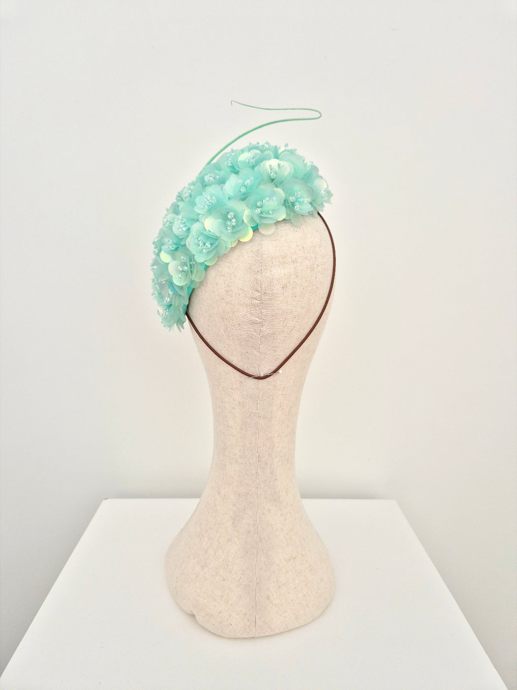 mint green 3d floral sequin headpiece back view