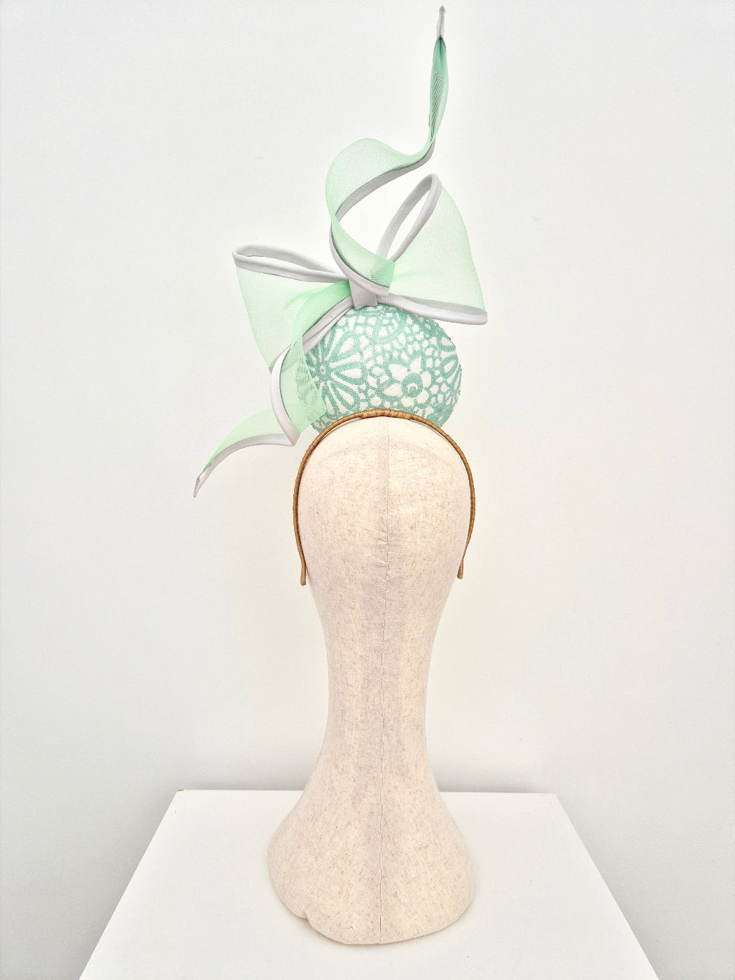 mint green and white percher with bow back view