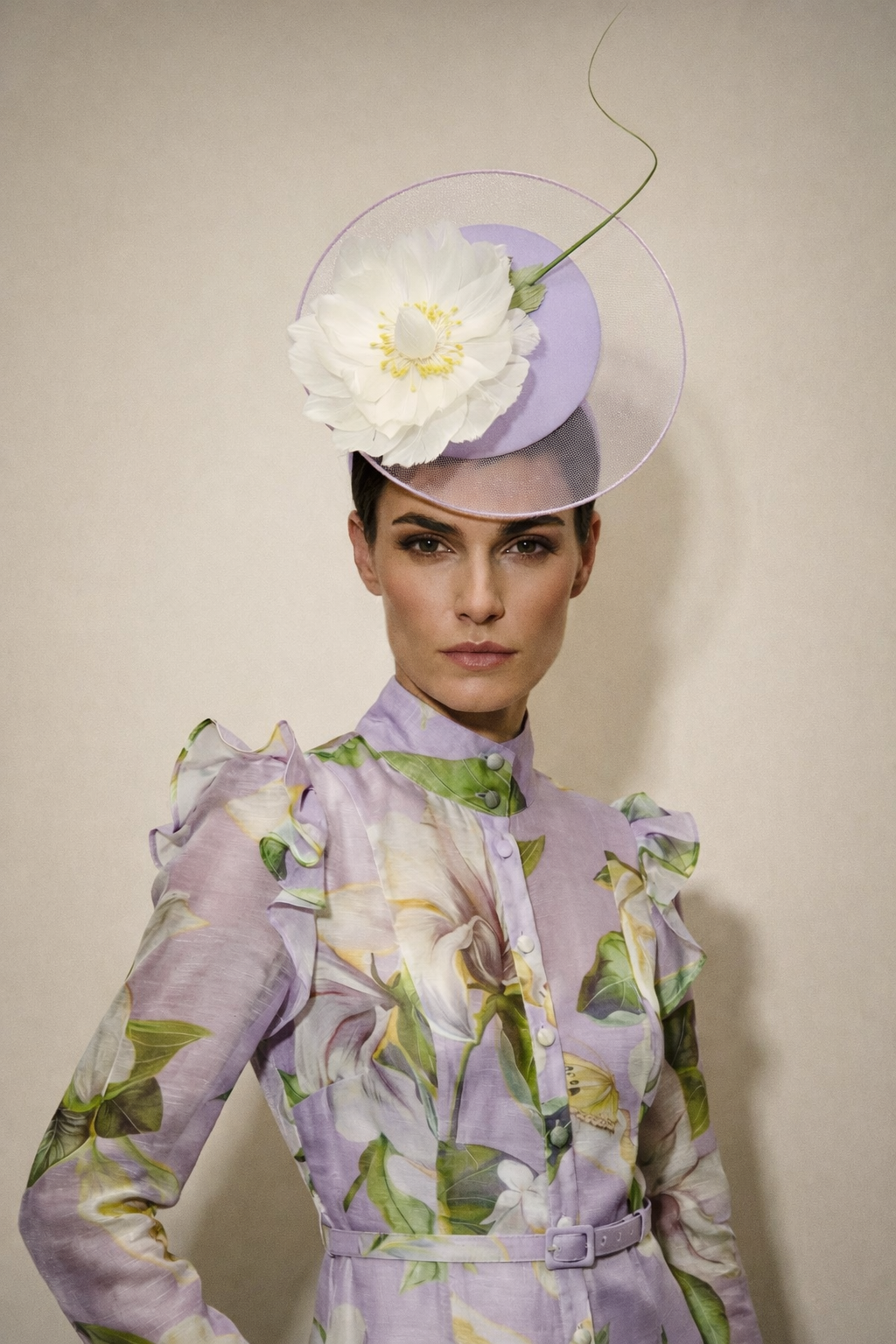 model wearing a floral dress and a decorative hat with a white flower against a plain background