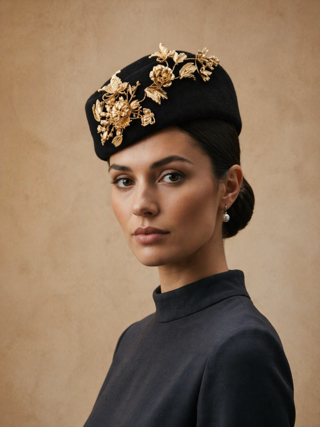 Woman wearing a black hat with gold floral decorations against a beige background
