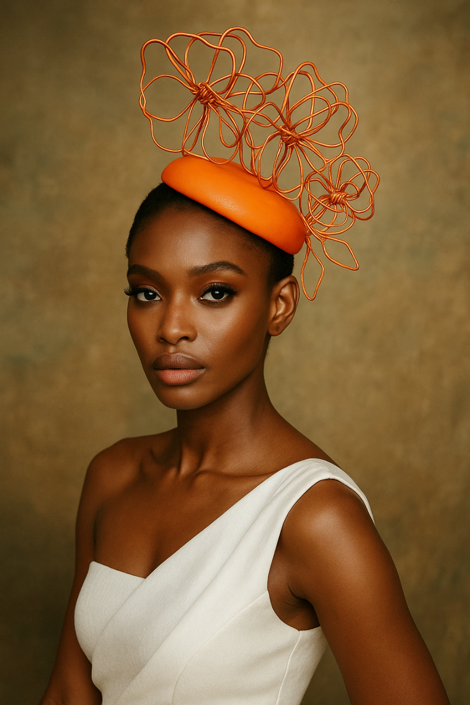 model wearing button headpiece with floral wirework