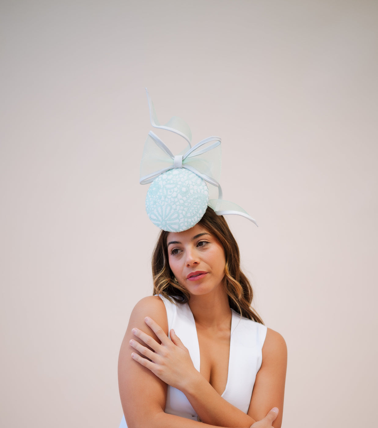 model wearing percher with bow