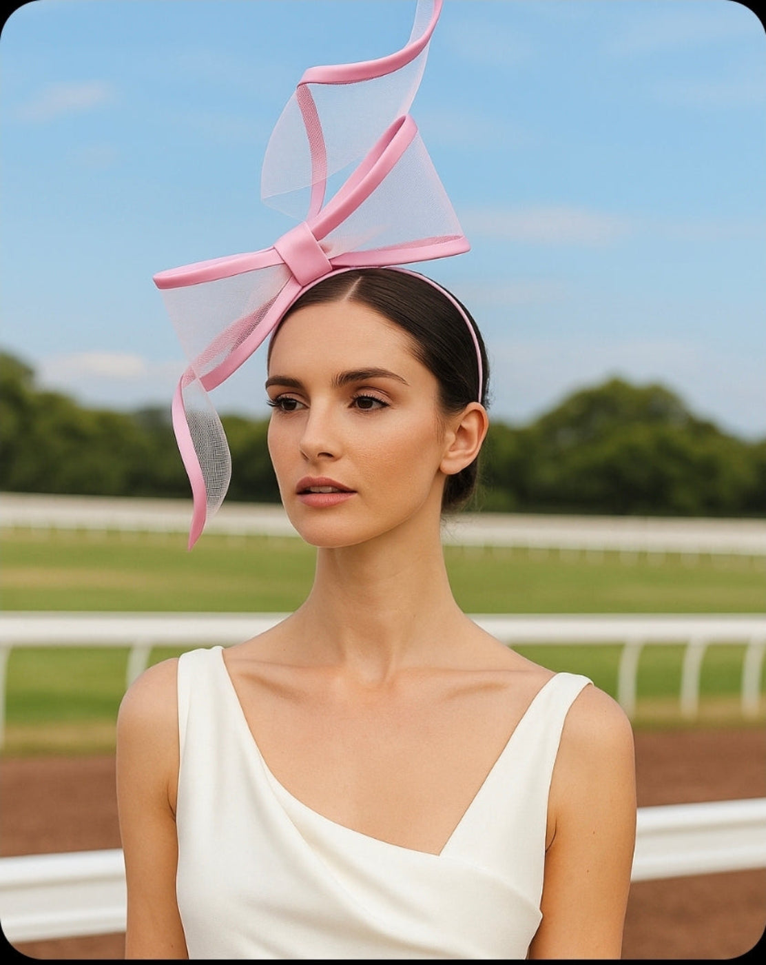 model wearing pink bow headpiece Ai