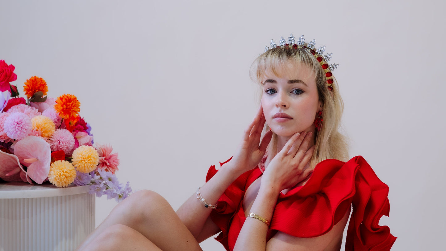 model wearing rhinestone crown