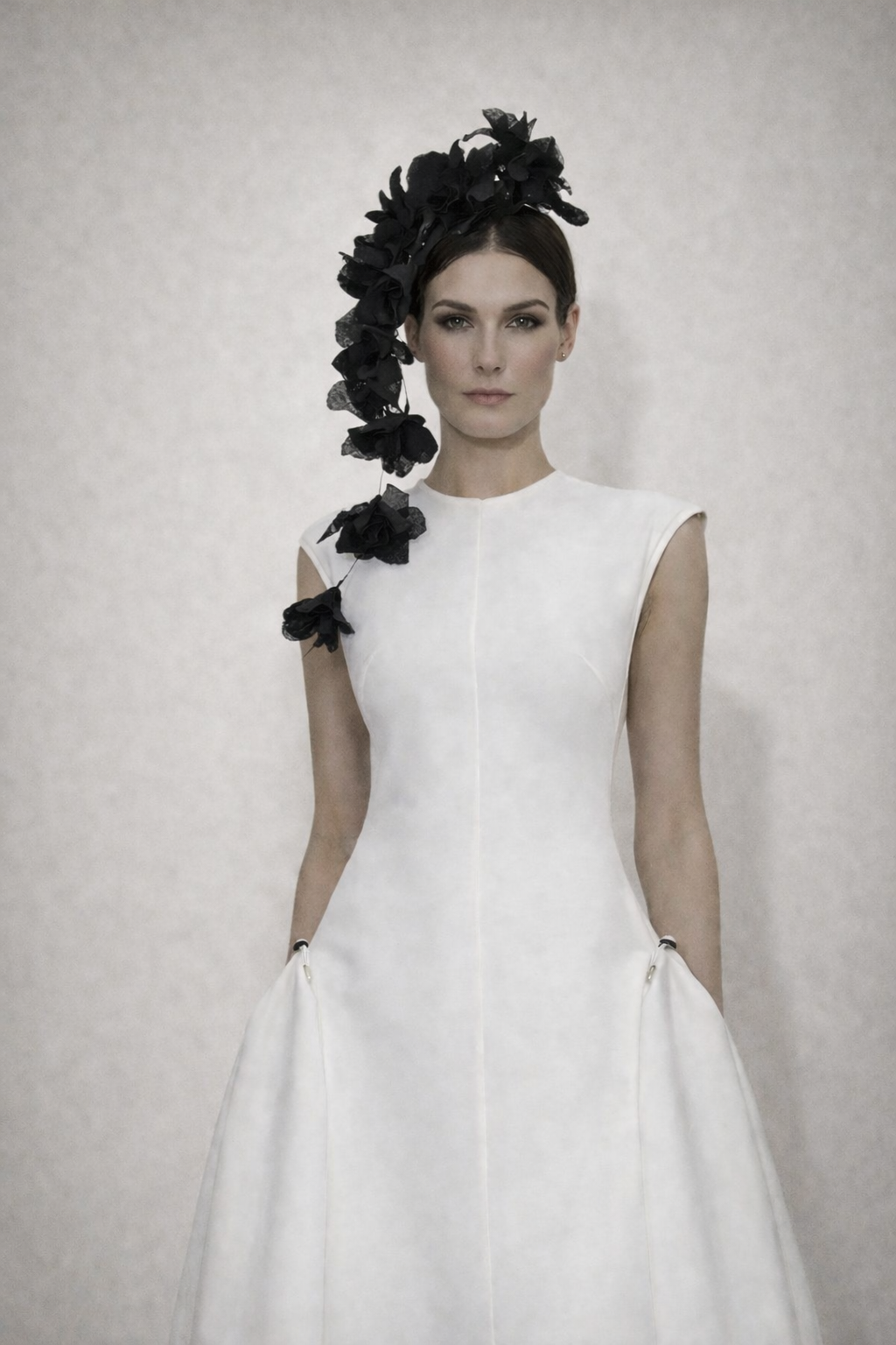 Model wearing a white dress with black floral headpiece against a light background