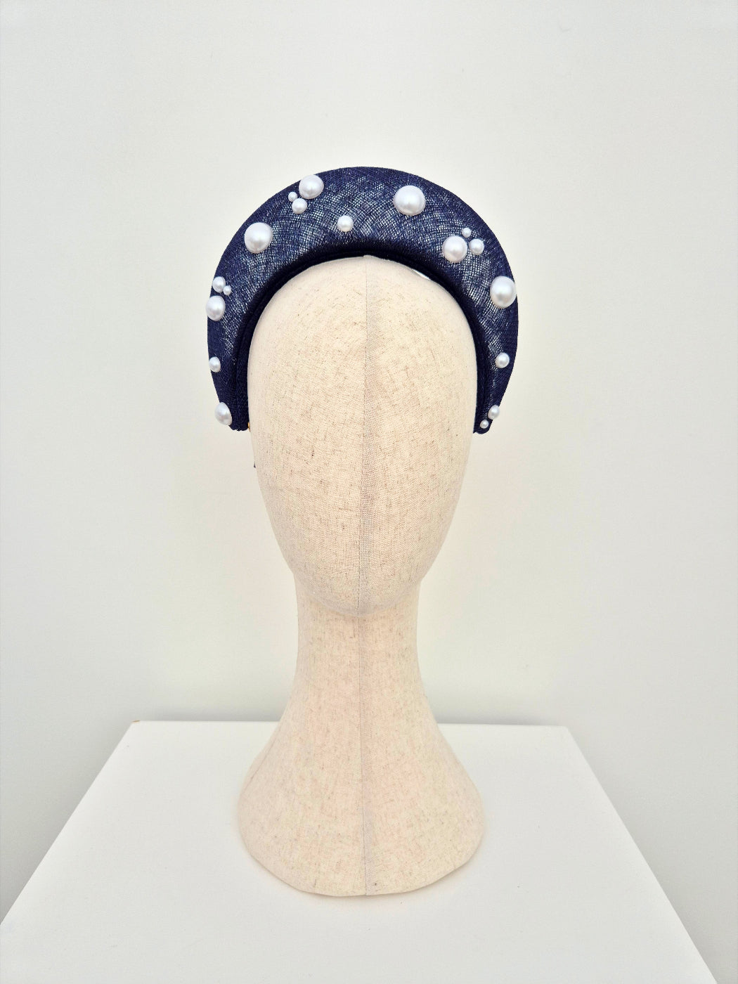 navy blue straw halo headpiece with pearls
