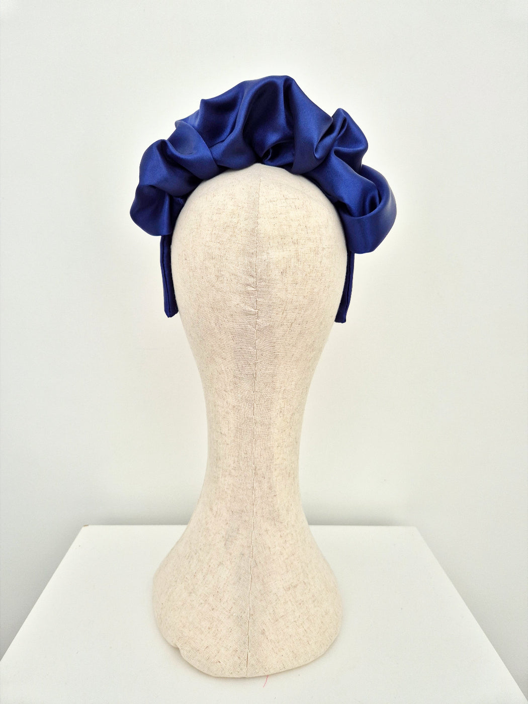 navy blue satin scrunch headband back view