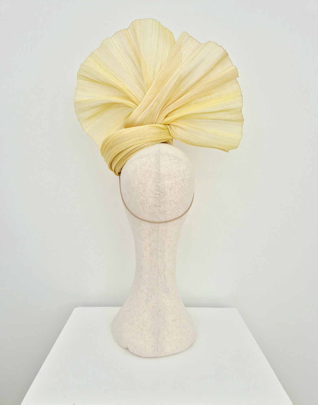 pale yellow silk abaca fan style headpiece back view