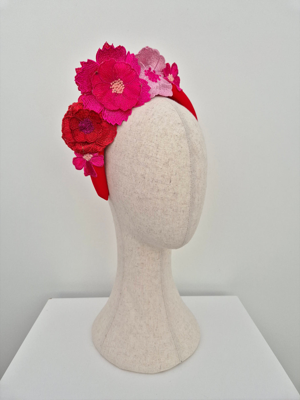 pink and red 3d floral lace headband side view