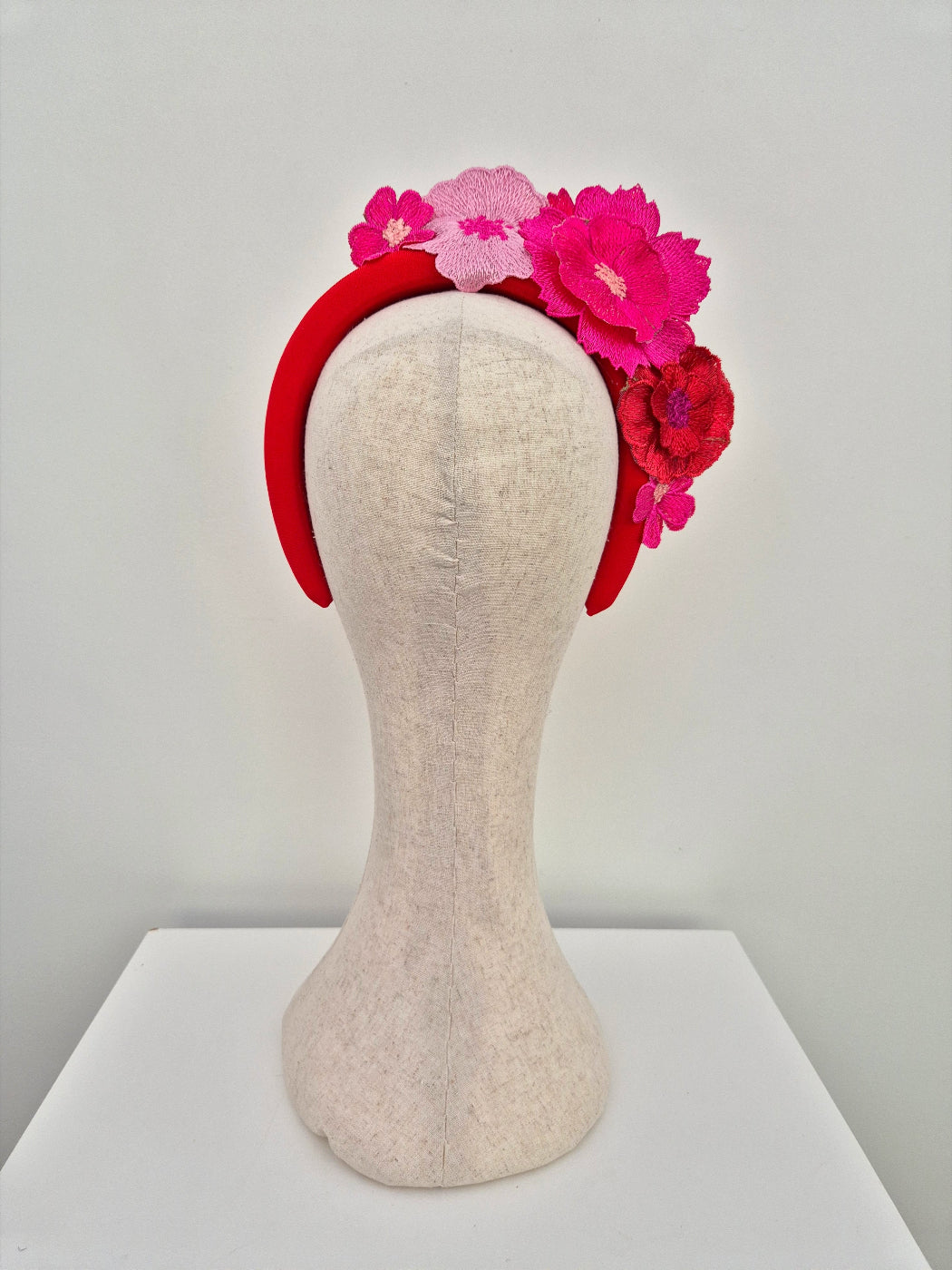 pink and red 3d floral lace headband back view