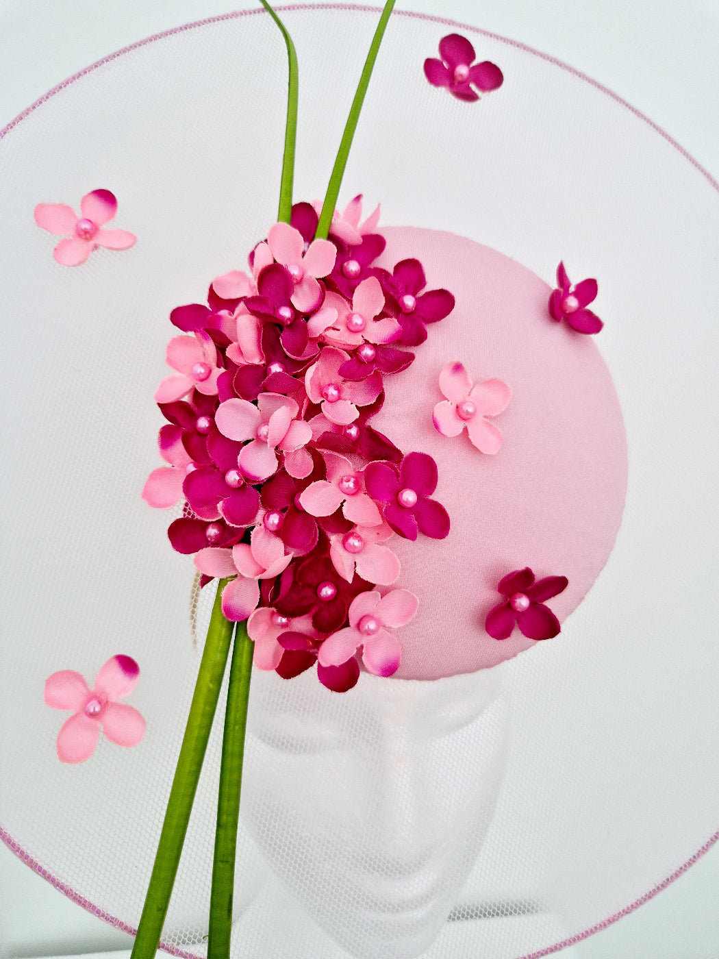 pink floral headpiece close up