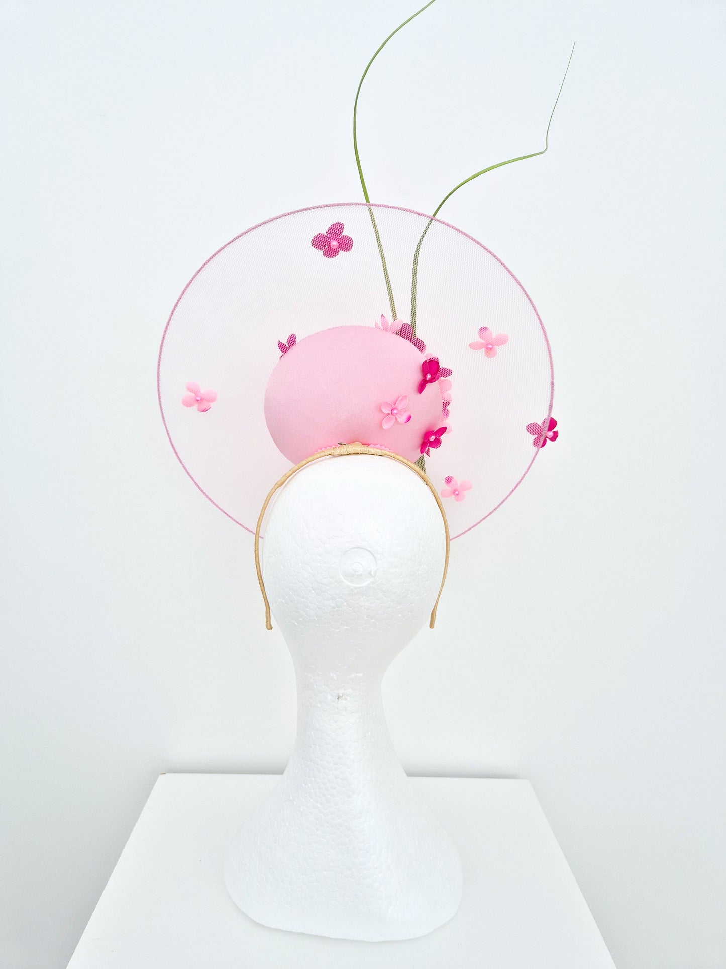 pink floral percher headpiece back view