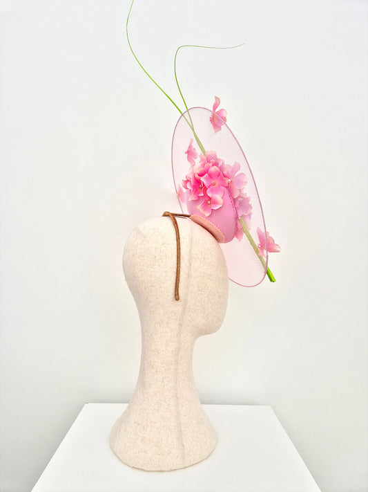 side view pink floral percher headpiece