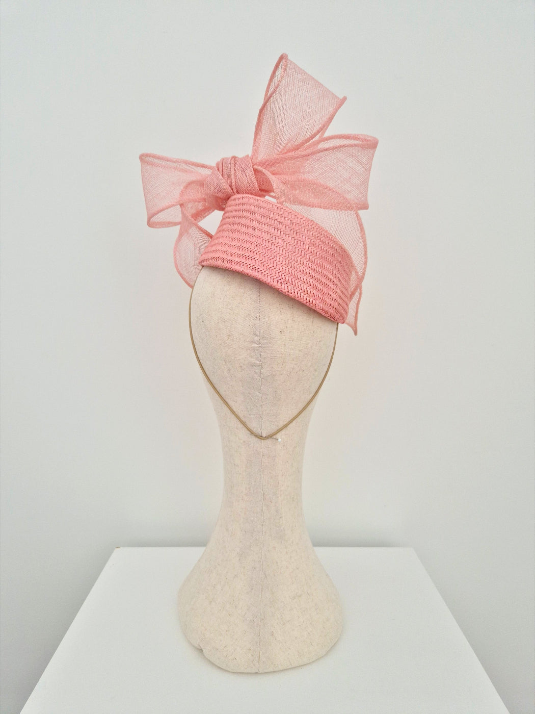 pink straw topper headpiece with bow back view