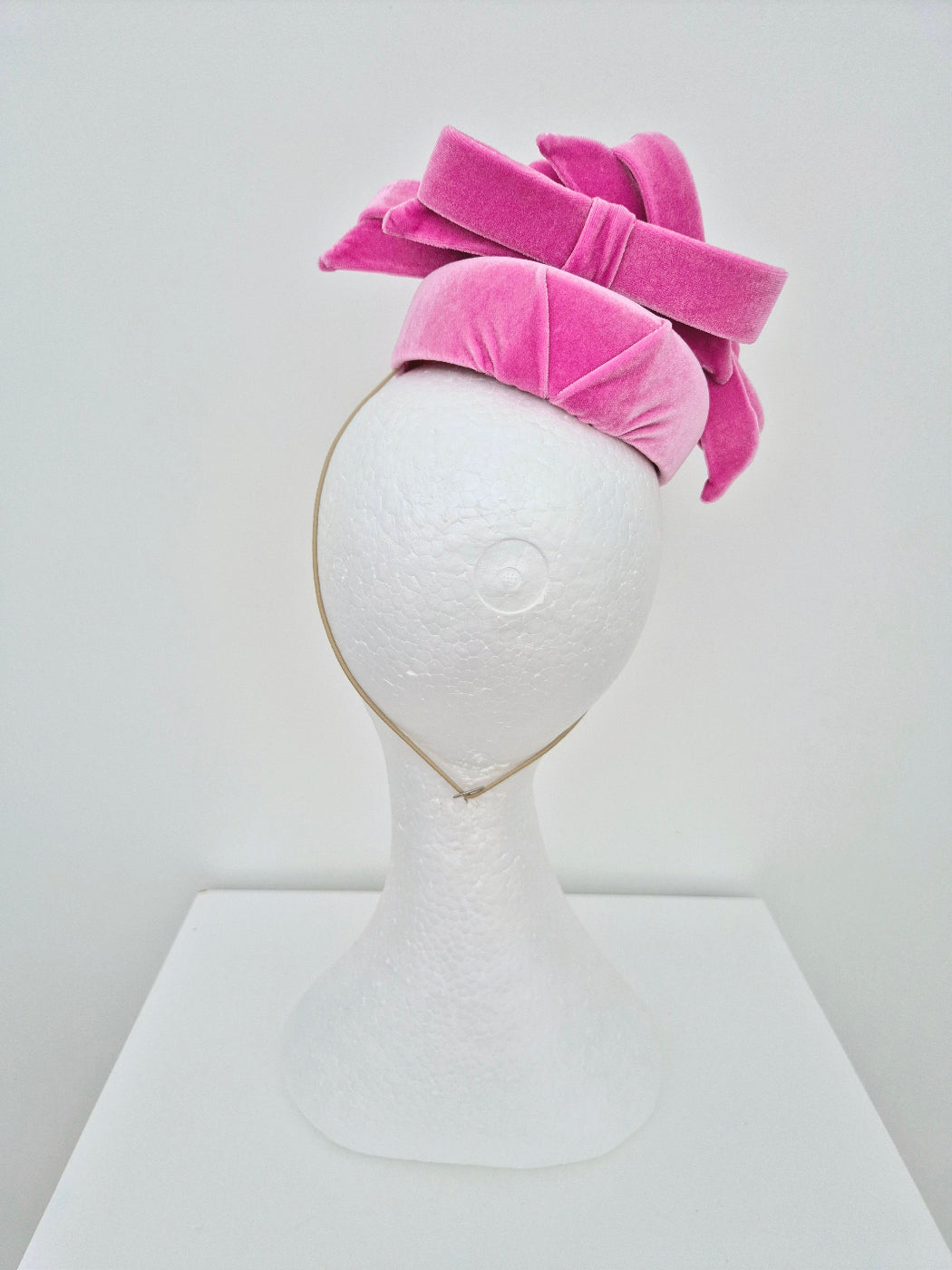 pink velvet headpiece with bows back