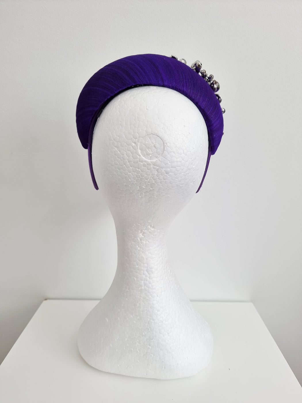 purple silk headpiece back view