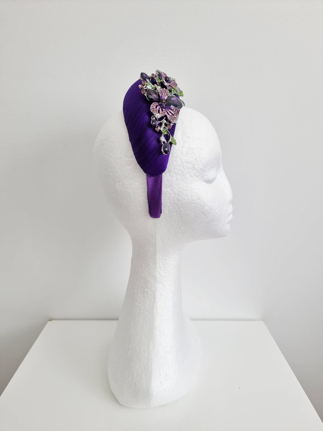 purple silk headpiece side view