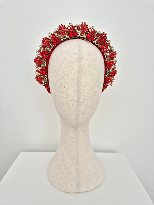 red and gold rhinestone headpiece