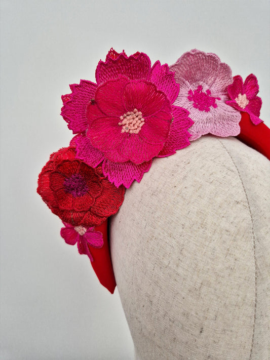 red and pink 3d floral lace headband close up