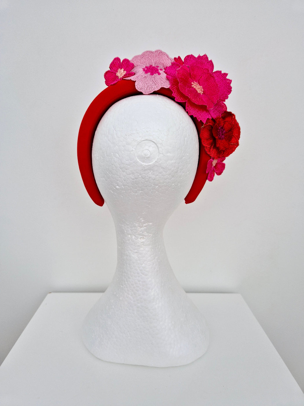 red and pink floral lace headband back