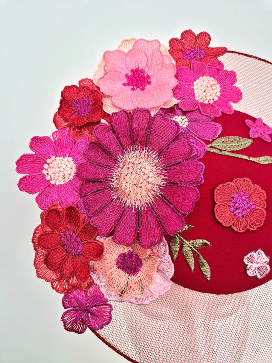 close up floral lace percher red