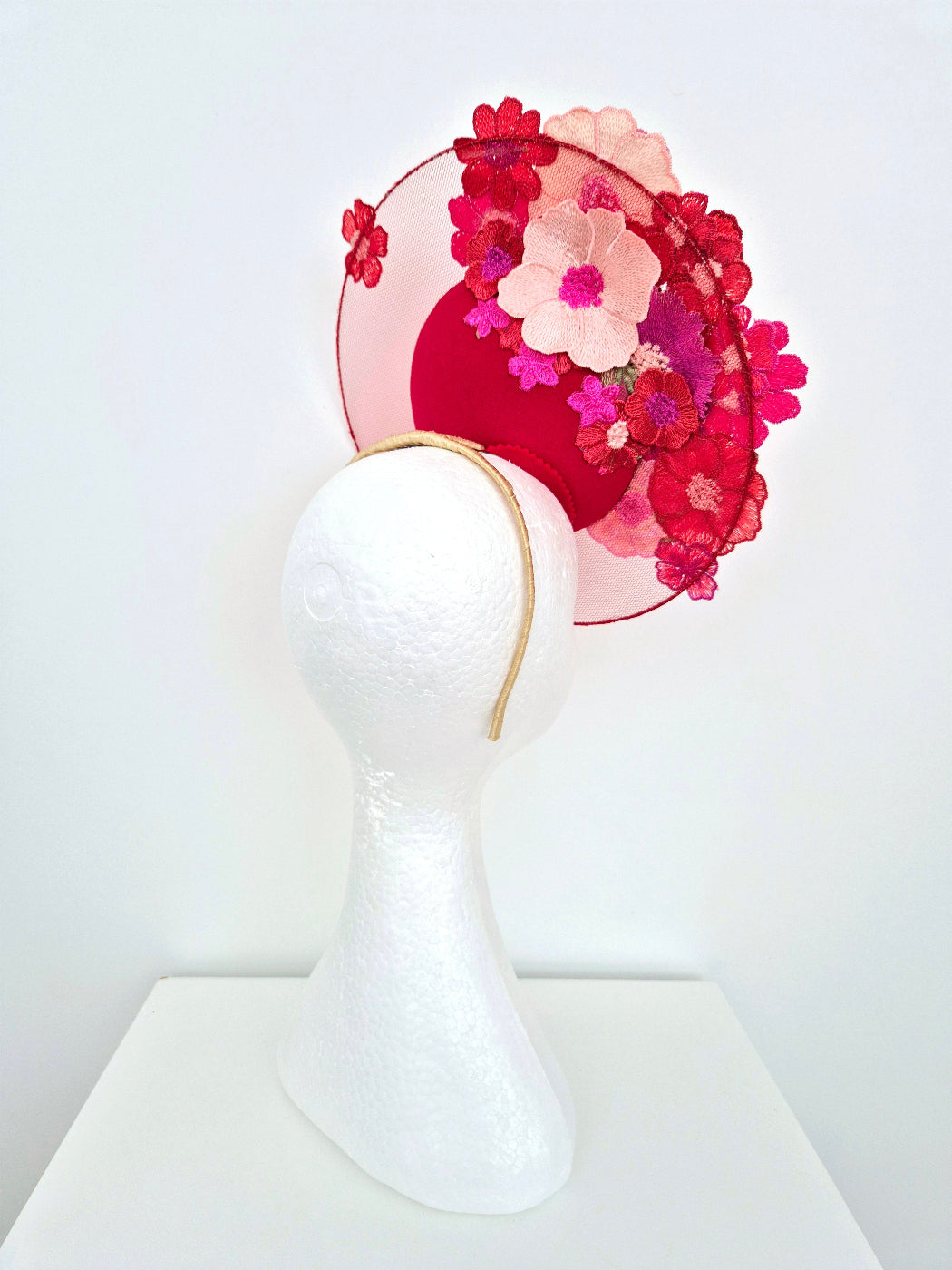 red and pink floral lace percher side back