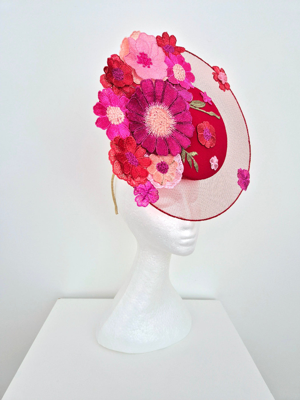 red and pink floral lace percher side front