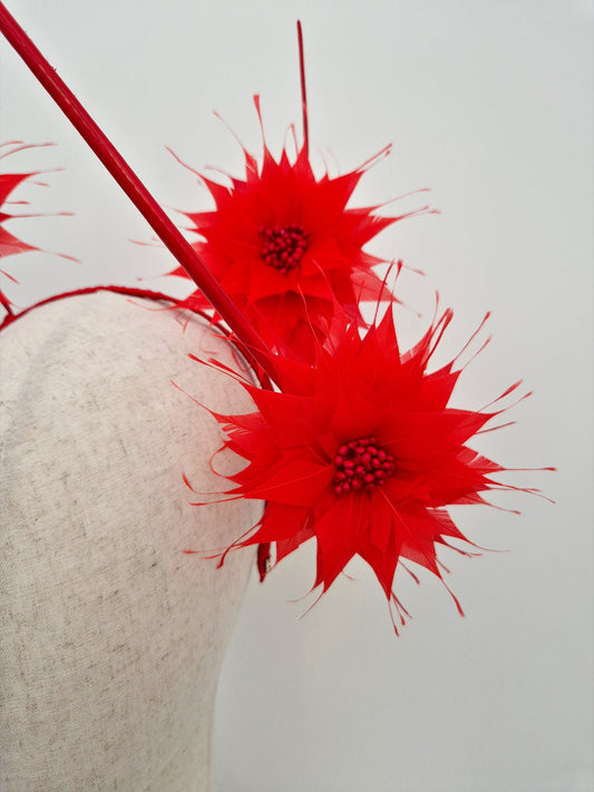red feather flower headpiece close up