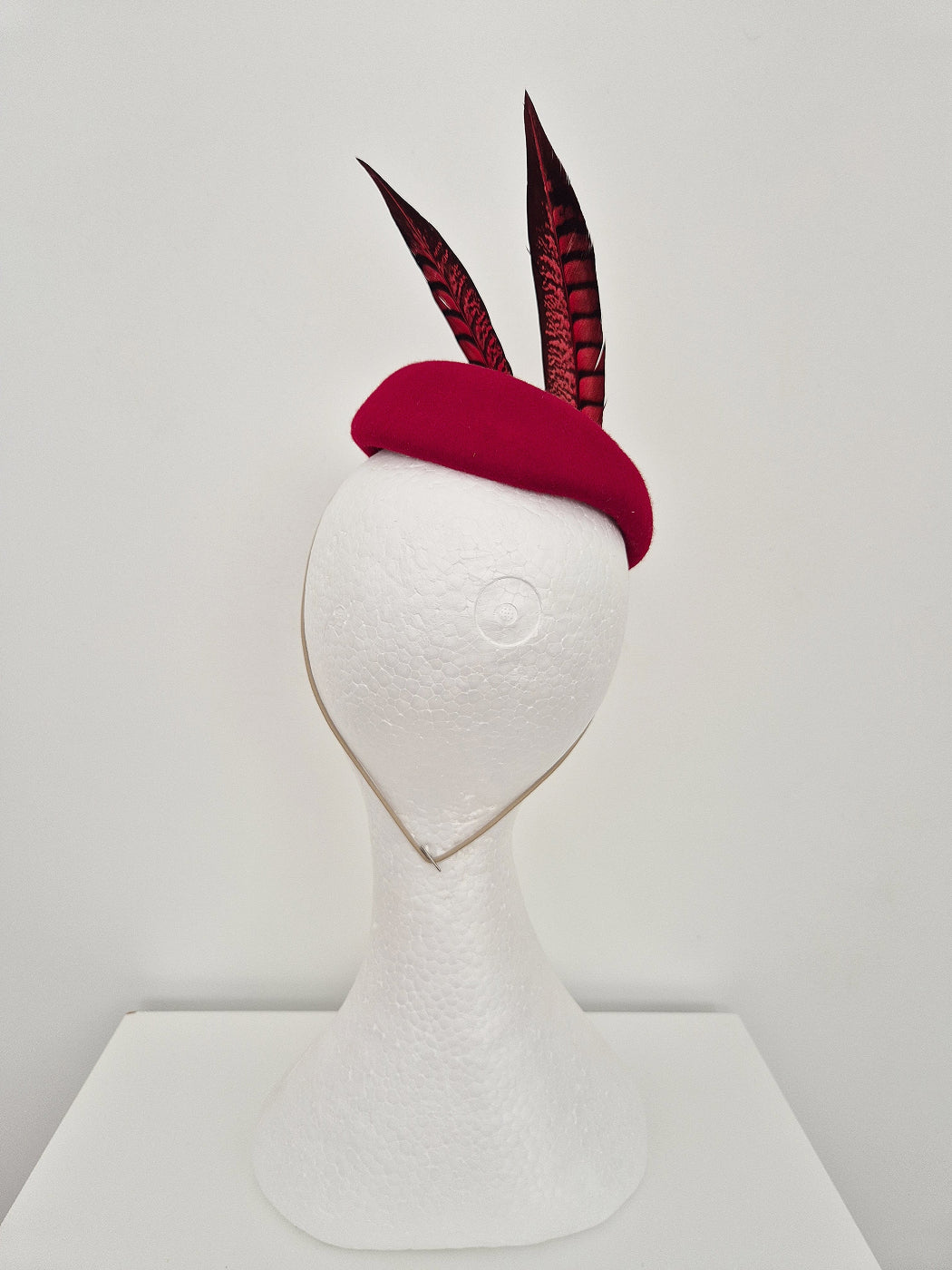 red felt pillbox with feathers back