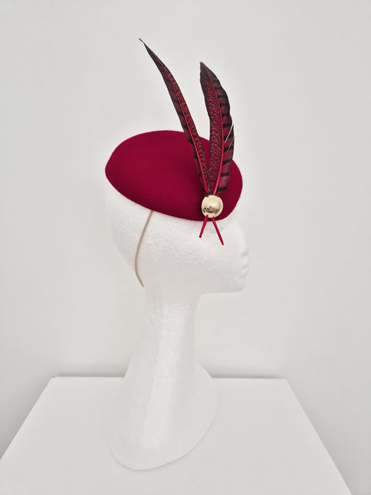 red felt pillbox with feathers side view