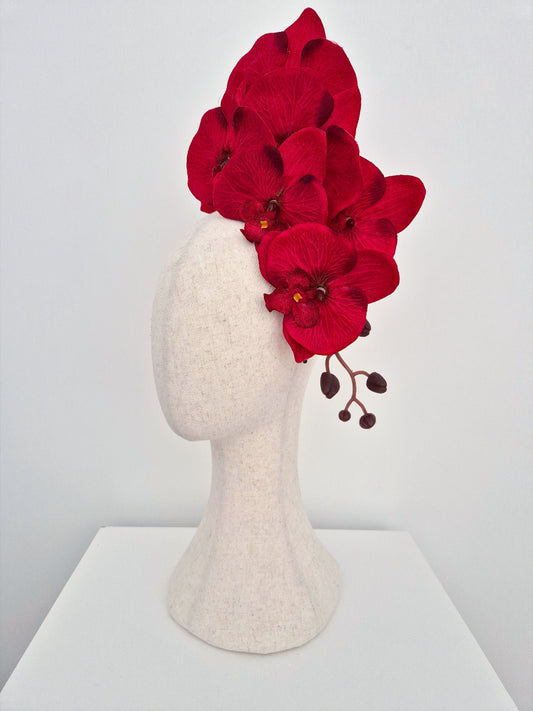 red orchid floral headpiece side view