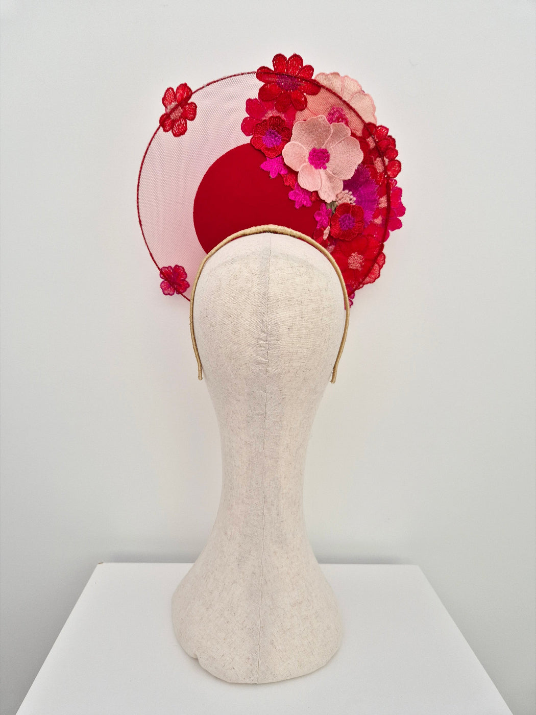 red percher headpiece with 3d floral lace in pink and red back view