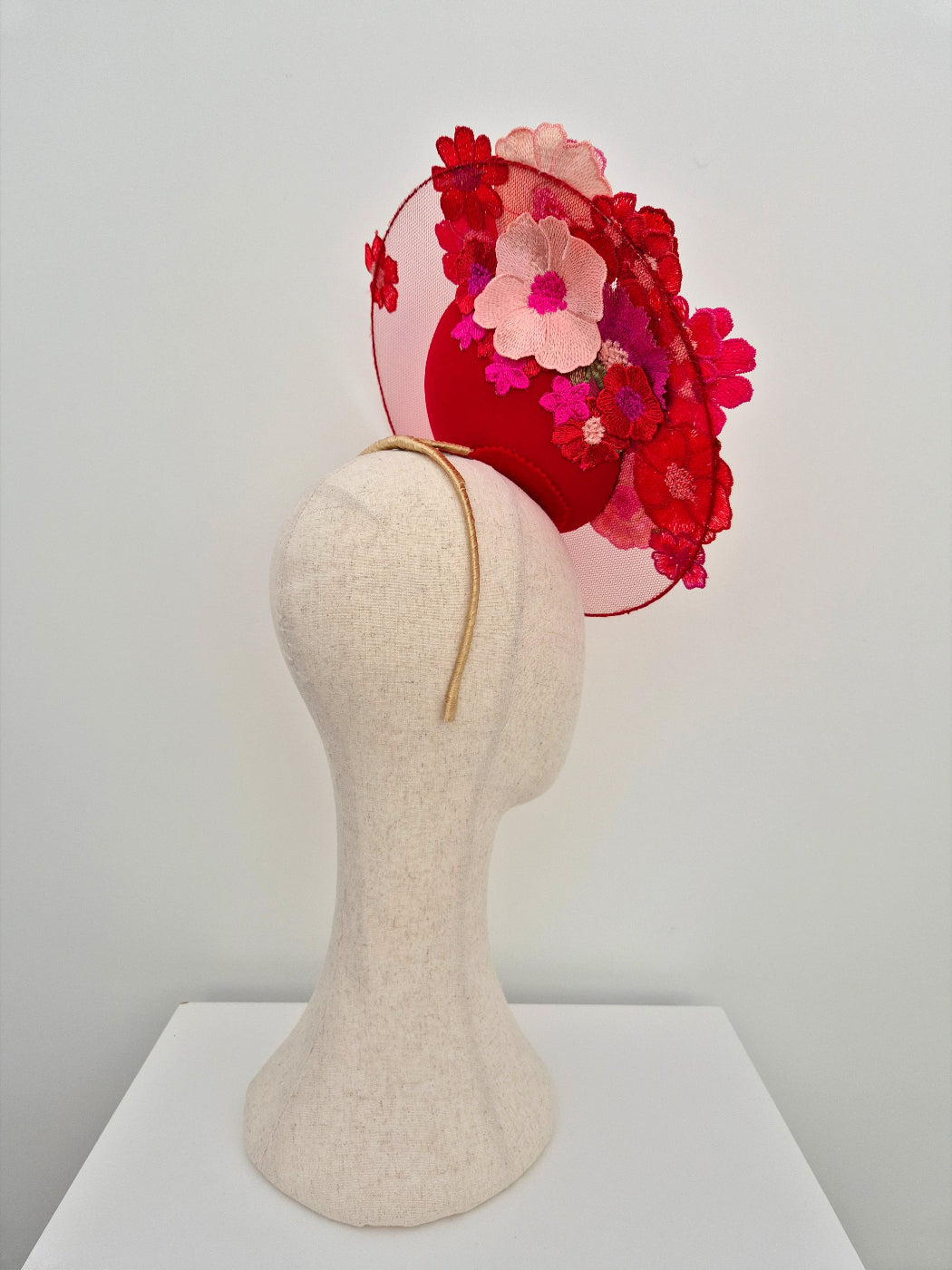red floral percher with 3d floral lace in red and pink side view