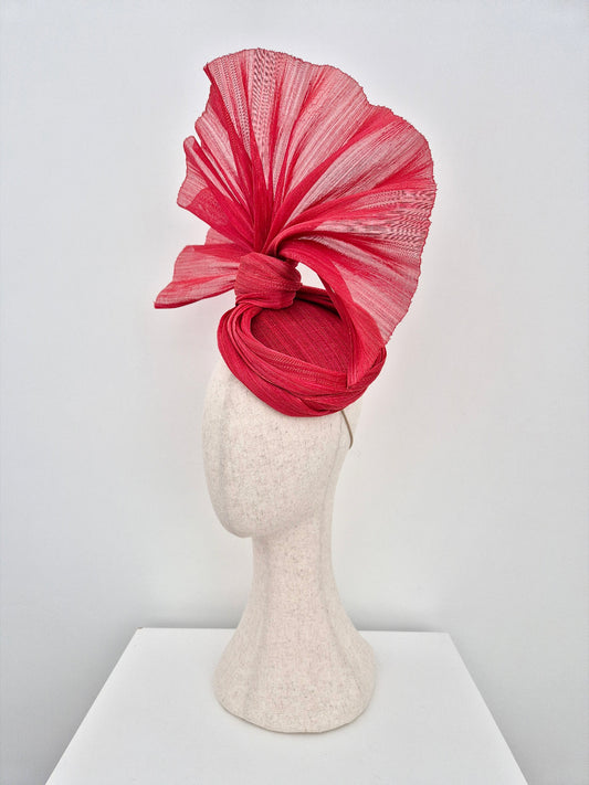 red silk abaca headpiece side view
