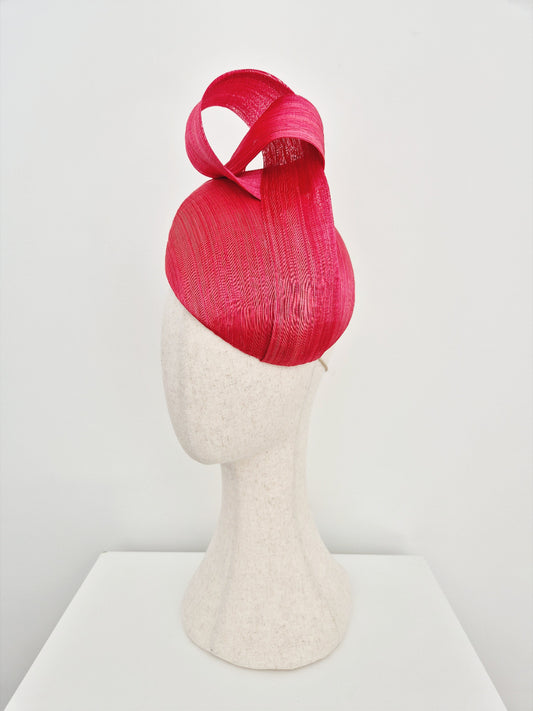 red silk abaca headpiece with top knot side view
