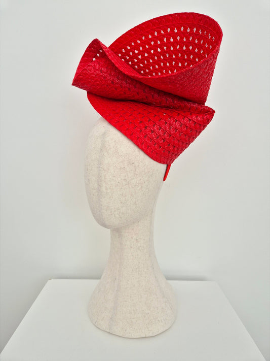 red straw headpiece side view