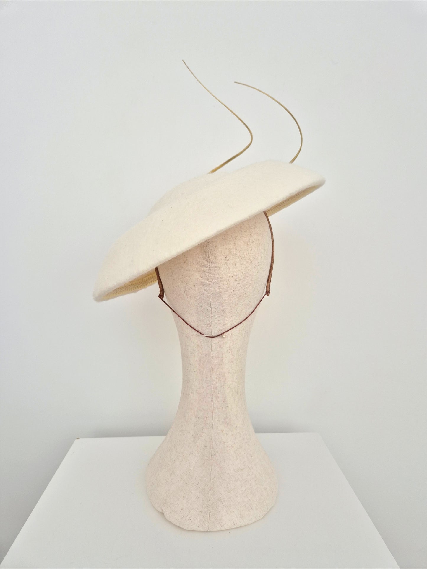 Miss Sasha. Womens Ecru wool felt hat with gold quills and pearl