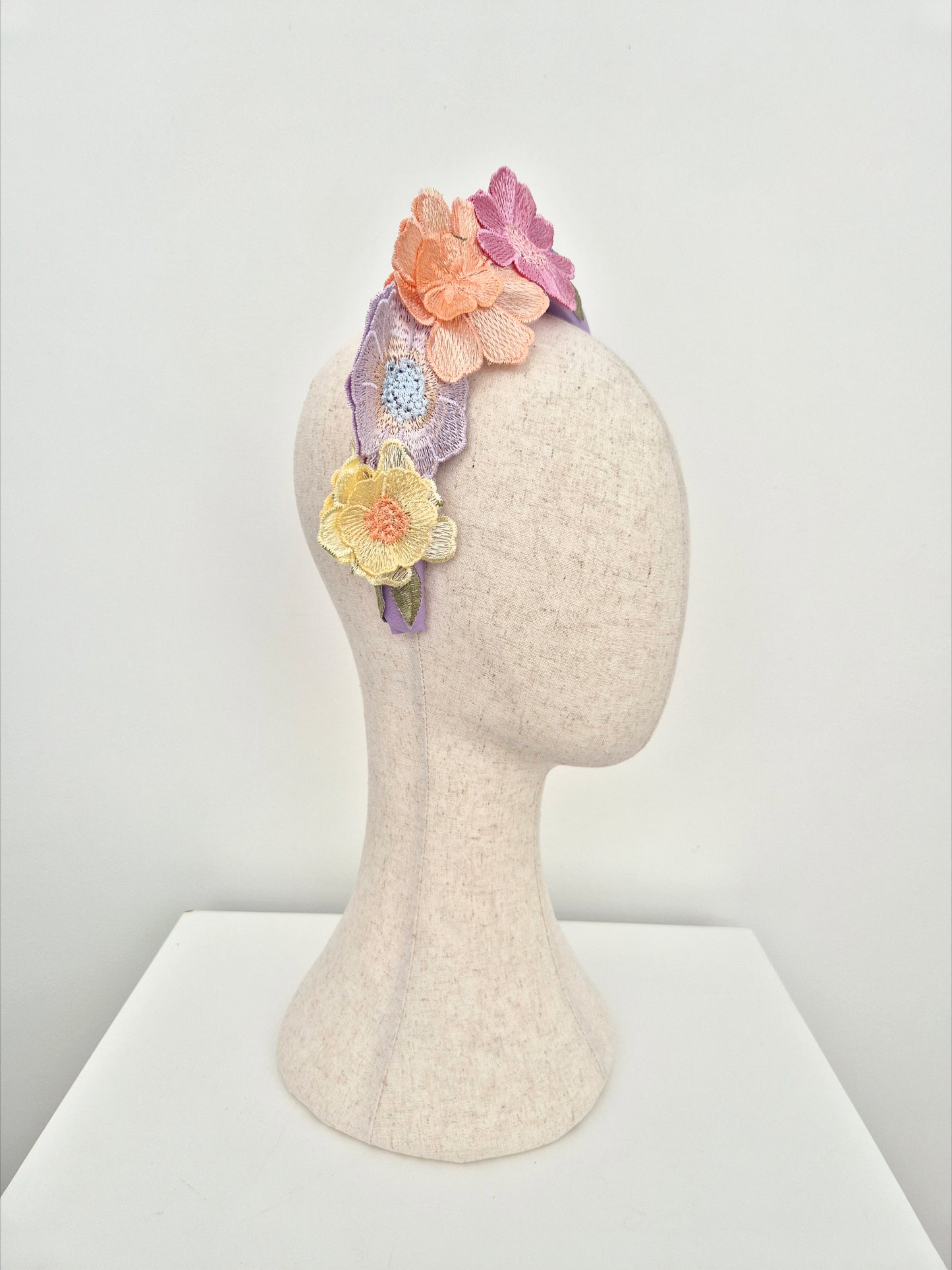 Miss Whimsical headband. Womens 3D pastel mutli floral lace headband