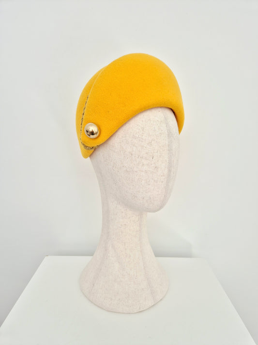Miss Harlow. Womens vintage style beret in egg yolk yellow with gold detail