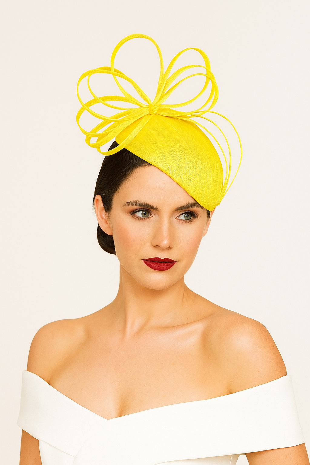 Miss Tabatha. Womens Yellow silk abaca headpiece with bow