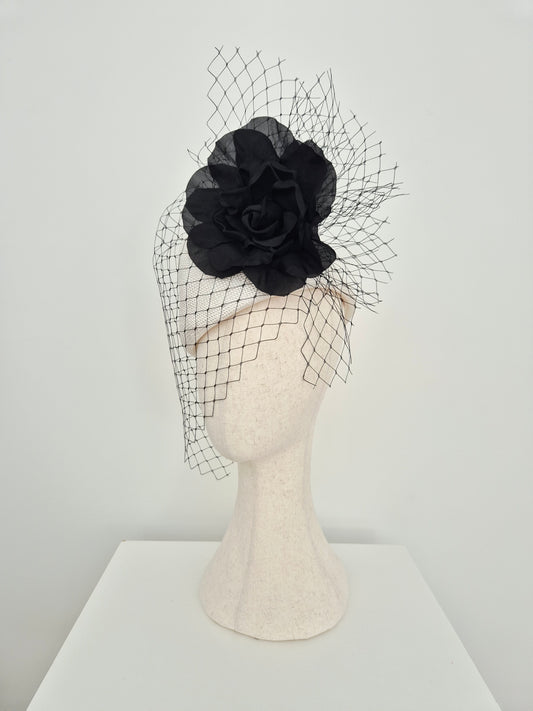 Miss Cleo. Womens white straw topper headpiece with silk rose and veiling