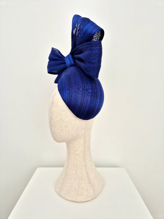 royal blue silk abaca headpiece with bow side view